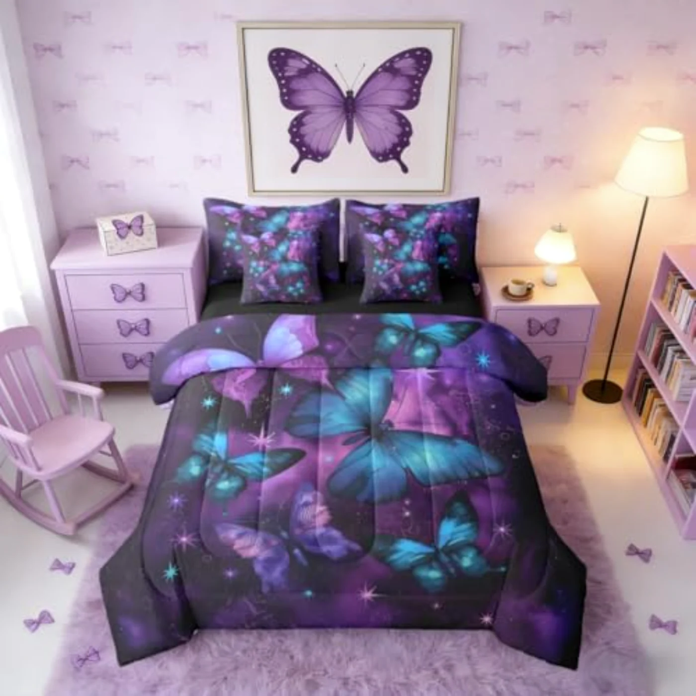 Butterfly Purple Blue Women Comforter Set, Queen