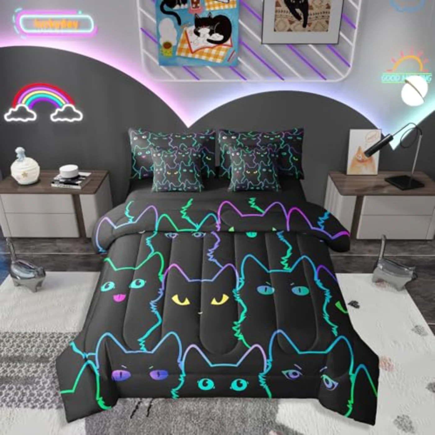 Kids Cat In Bag Black Comforter Set, Full