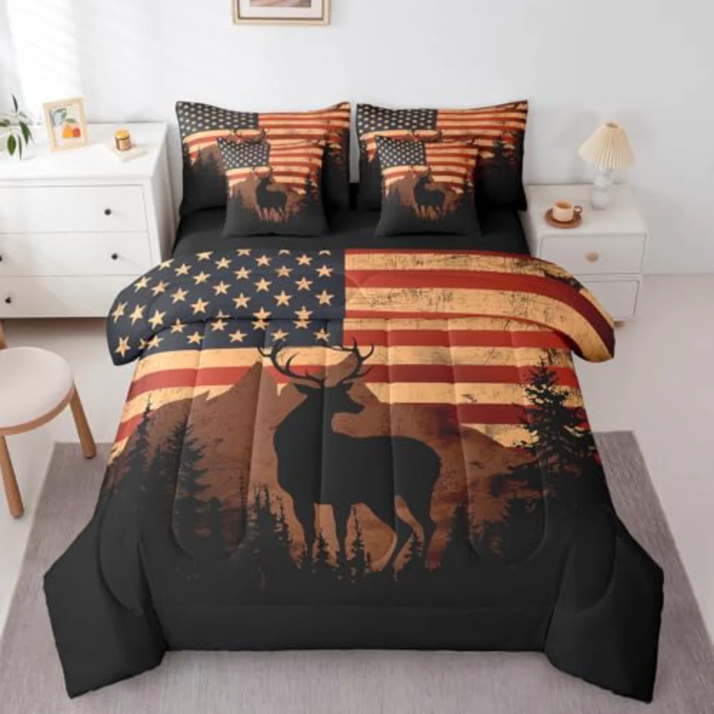 American Flag Deer Sheets Rustic Comforter Set, Queen