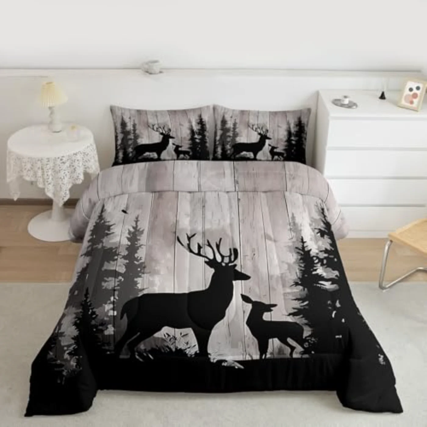 Deer Family Retro Wooden Farmhouse Comforter Set, King