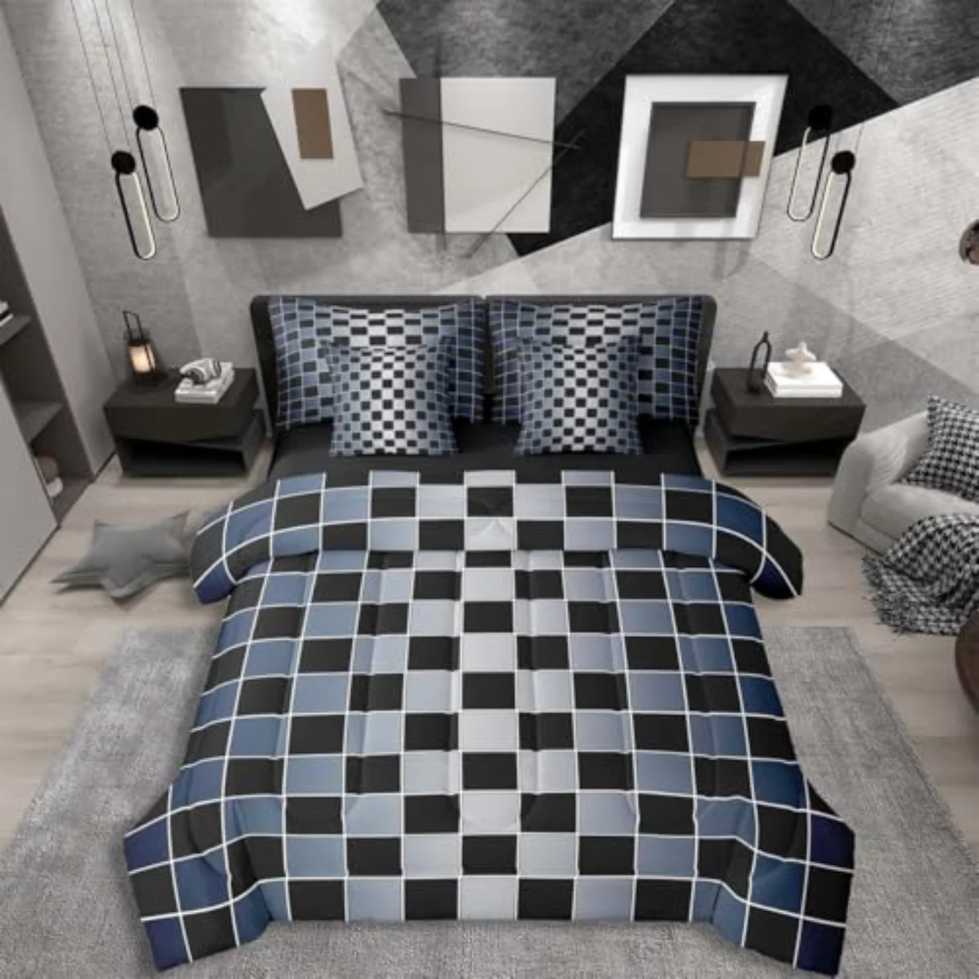 Black Checkered In Bag Navy Comforter Set, Queen