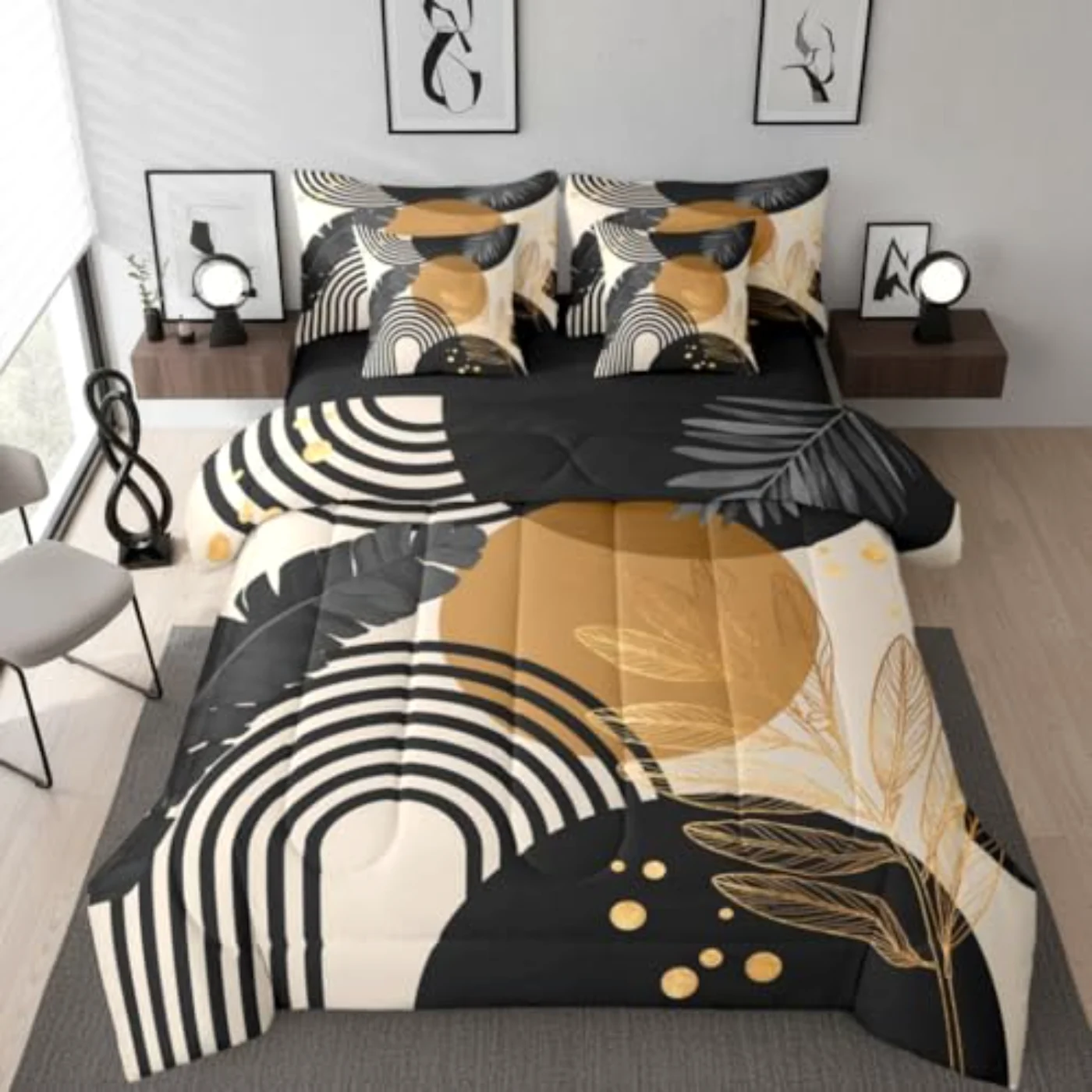 Modern Mid Century Black Brown Comforter Set, Queen