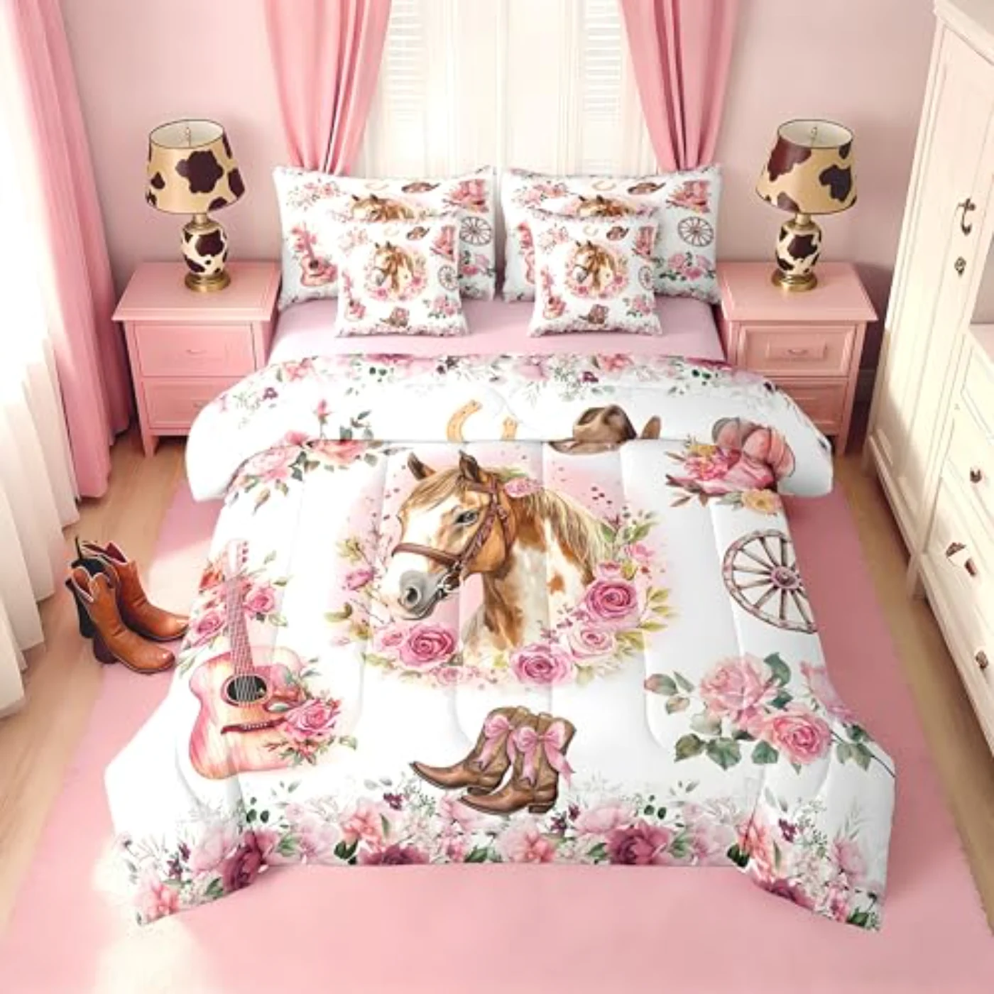 Pink Western Horse Sheets Girls Comforter Set, Twin