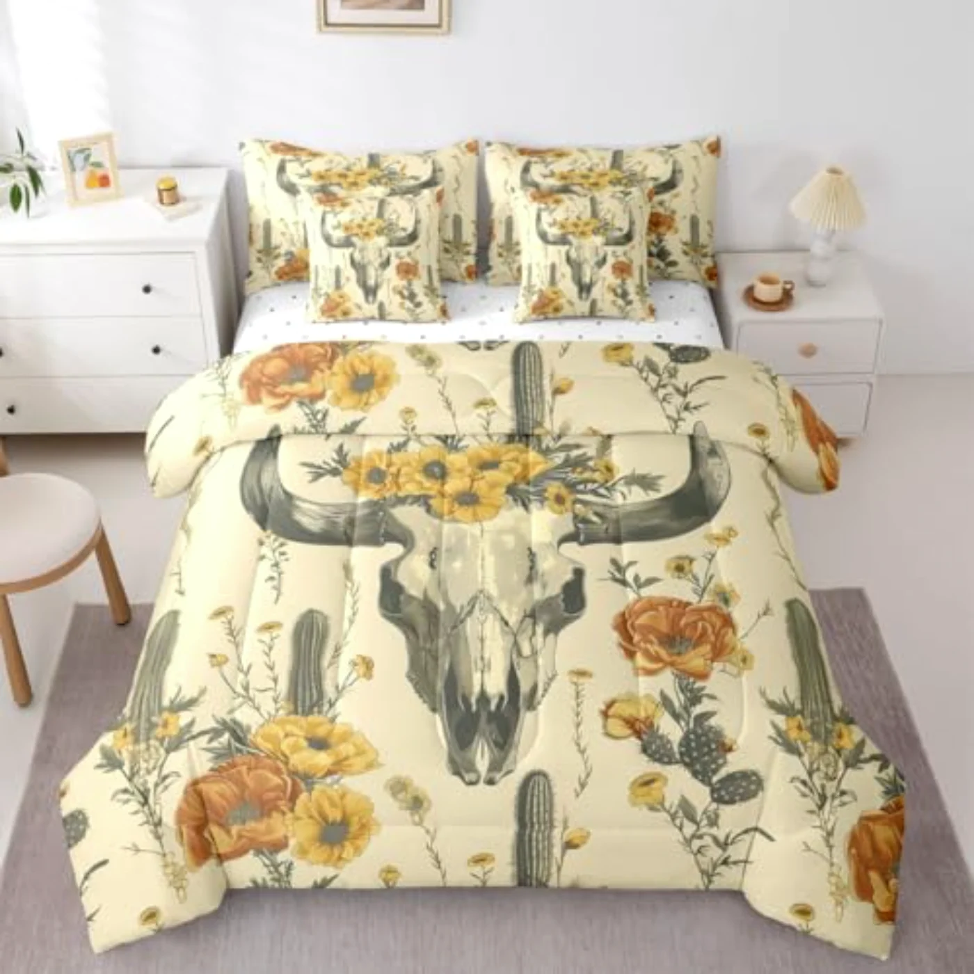 Bull Skull In Bag Comforter Set, Gold & Ochre