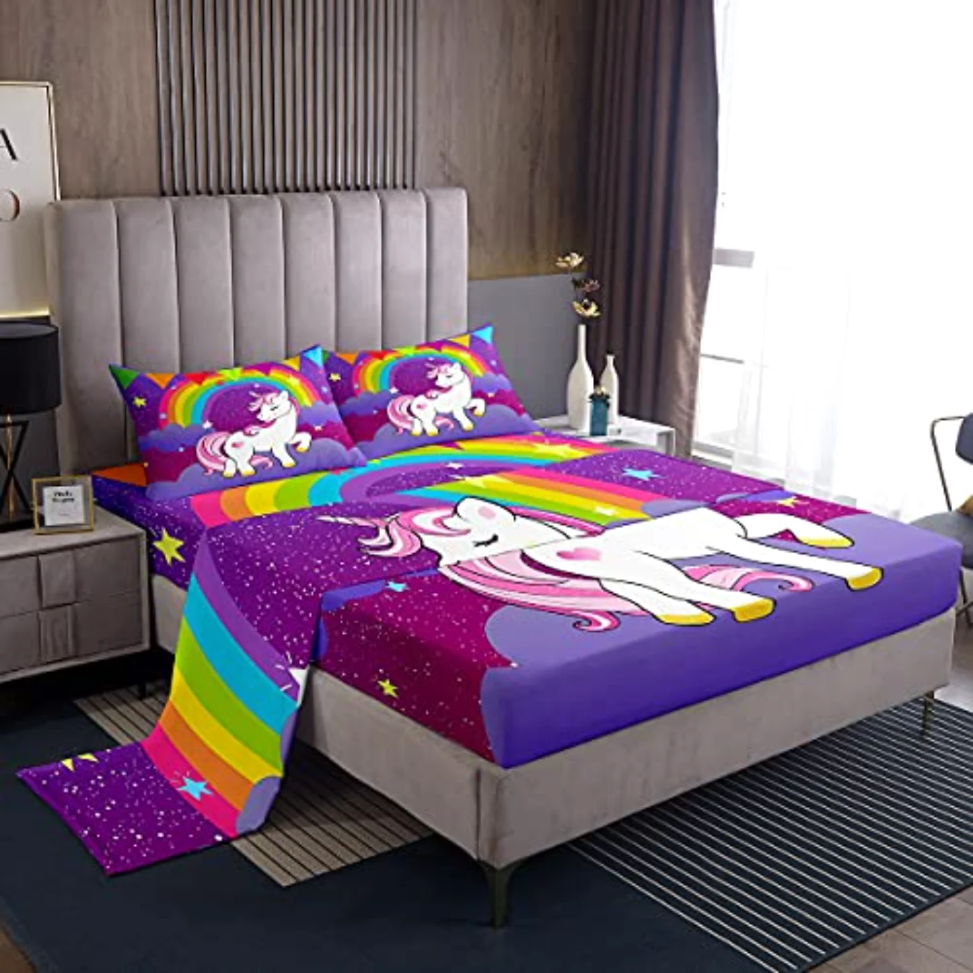 Unicorn Sheets Girls Cute Rainbow Sheet Set, Twin