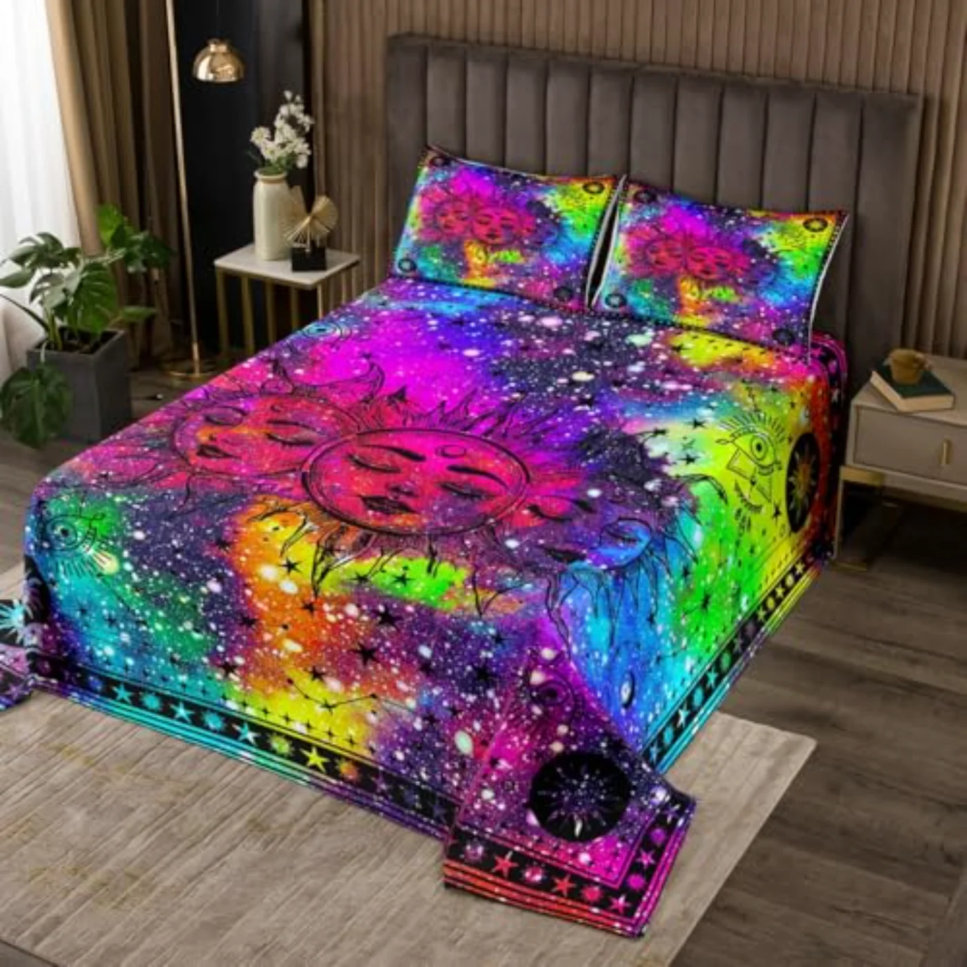 Boho Sun Moon Rainbow Tie Quilt, Queen
