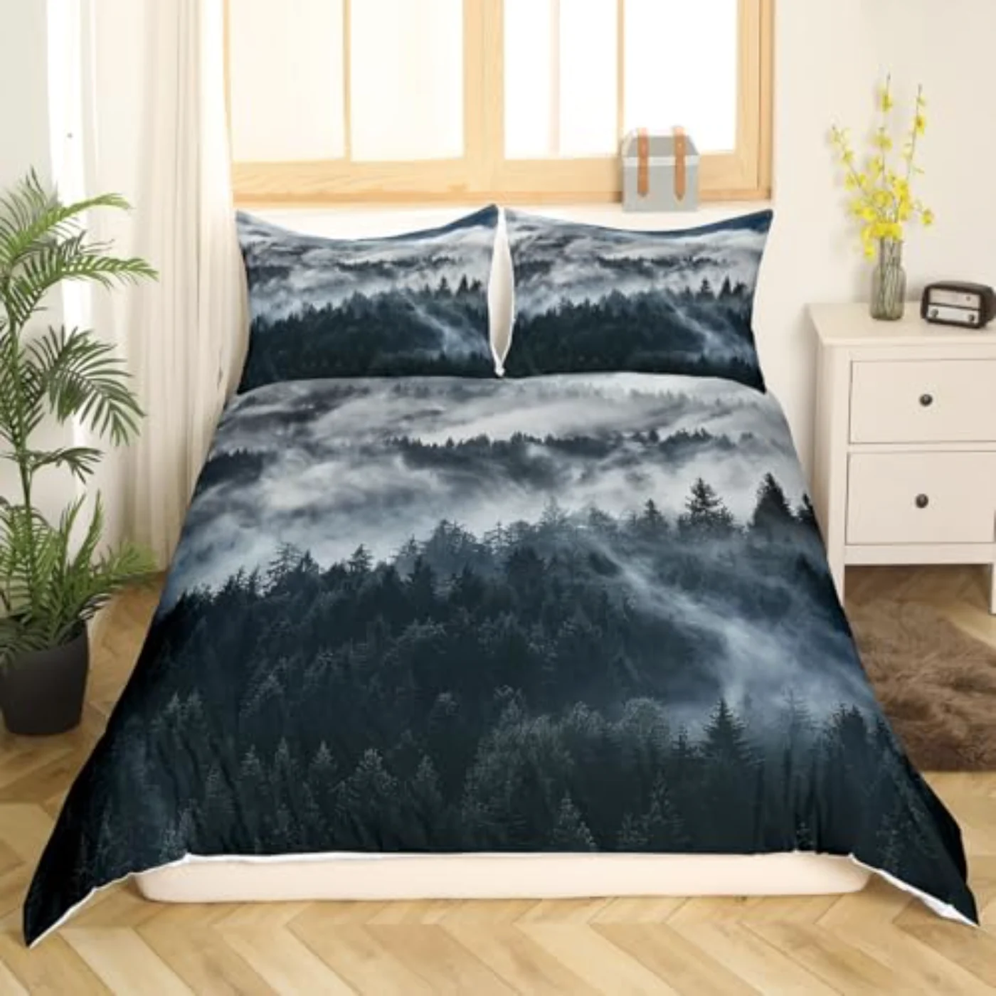 Smoky Mountain Pineforest Grey Trees Duvet Cover, Queen