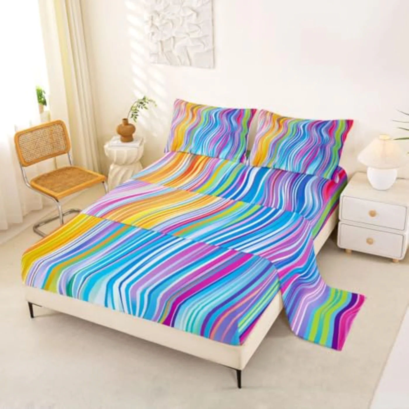 Geometric Waves Sheets Rainbow Print Sheet Set, King