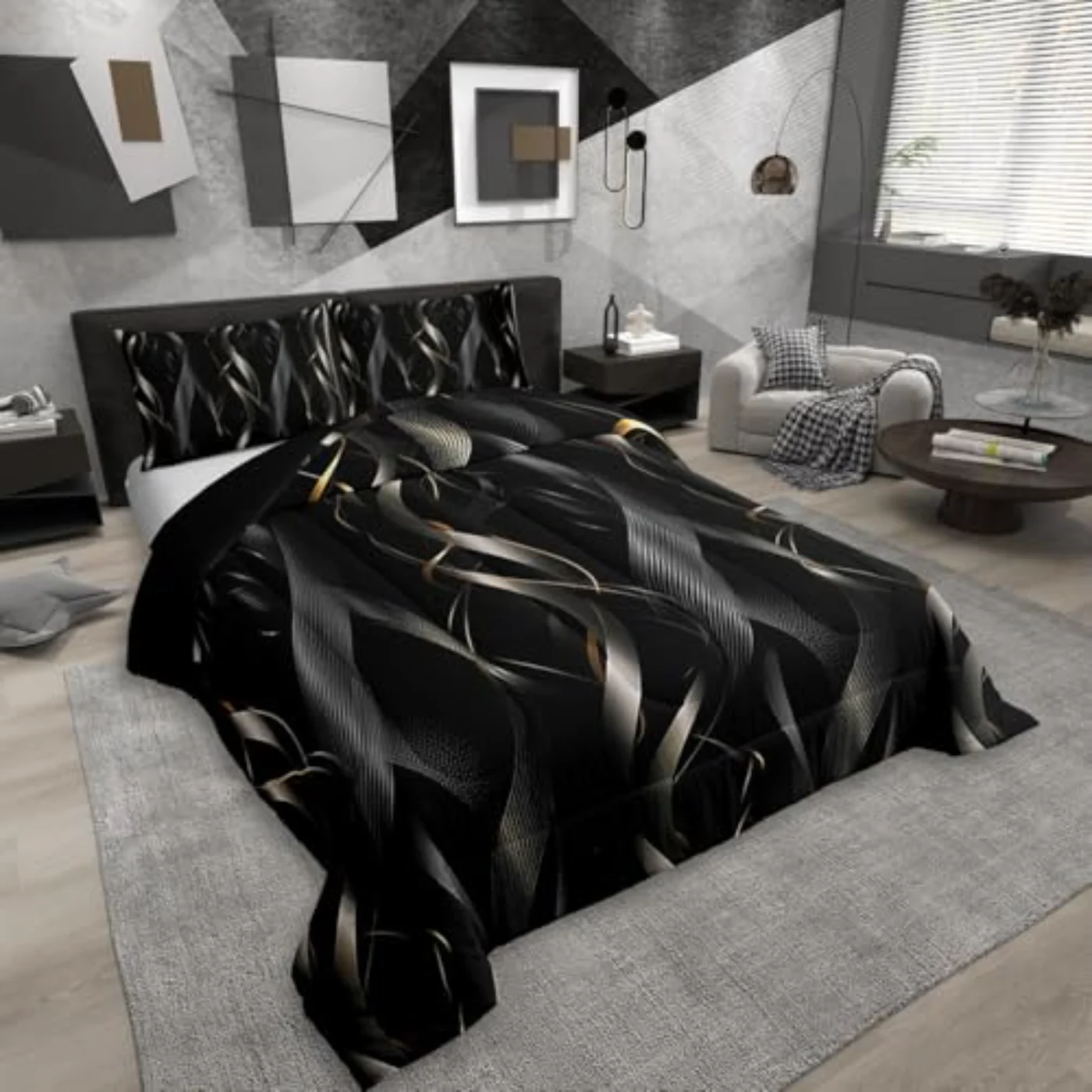 Black Golden Streamline Striped Abstract Comforter Set, Queen