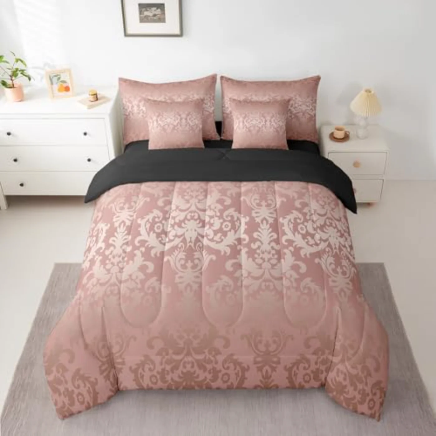 Adults Dusty Pink Damask Comforter Set, Full