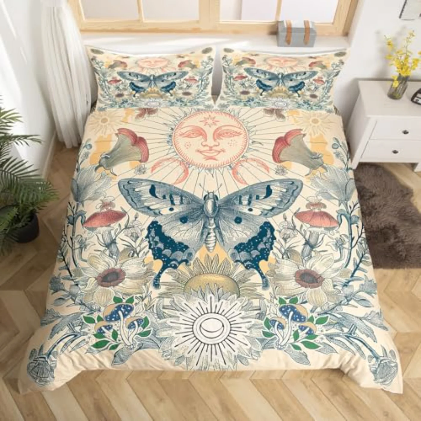 Hippie Butterfly Sun Moon Duvet Cover, Queen
